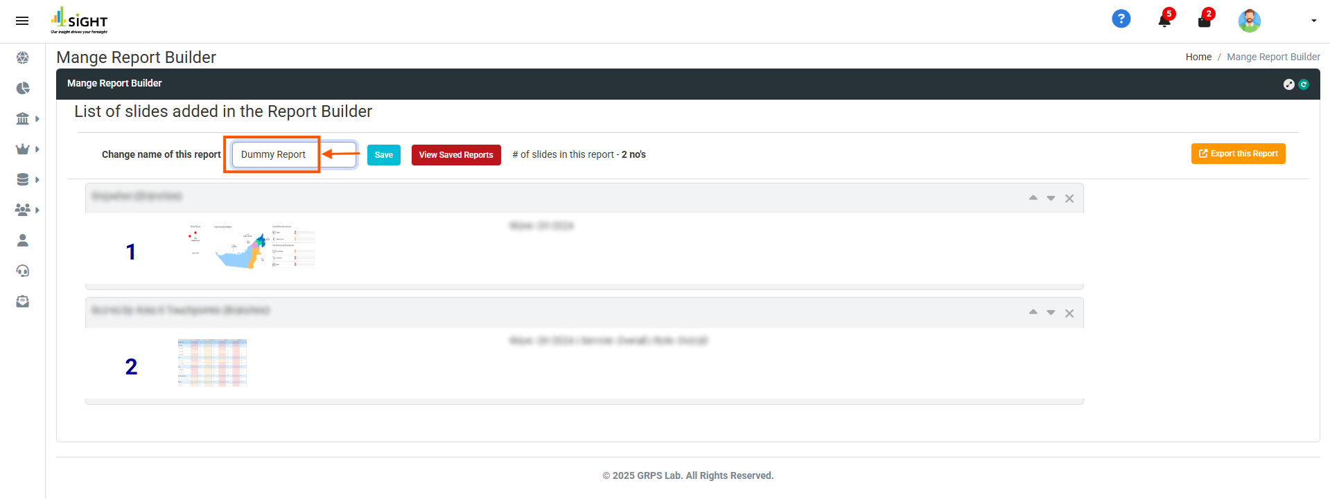 How can I save reports from the slides added to the cart?